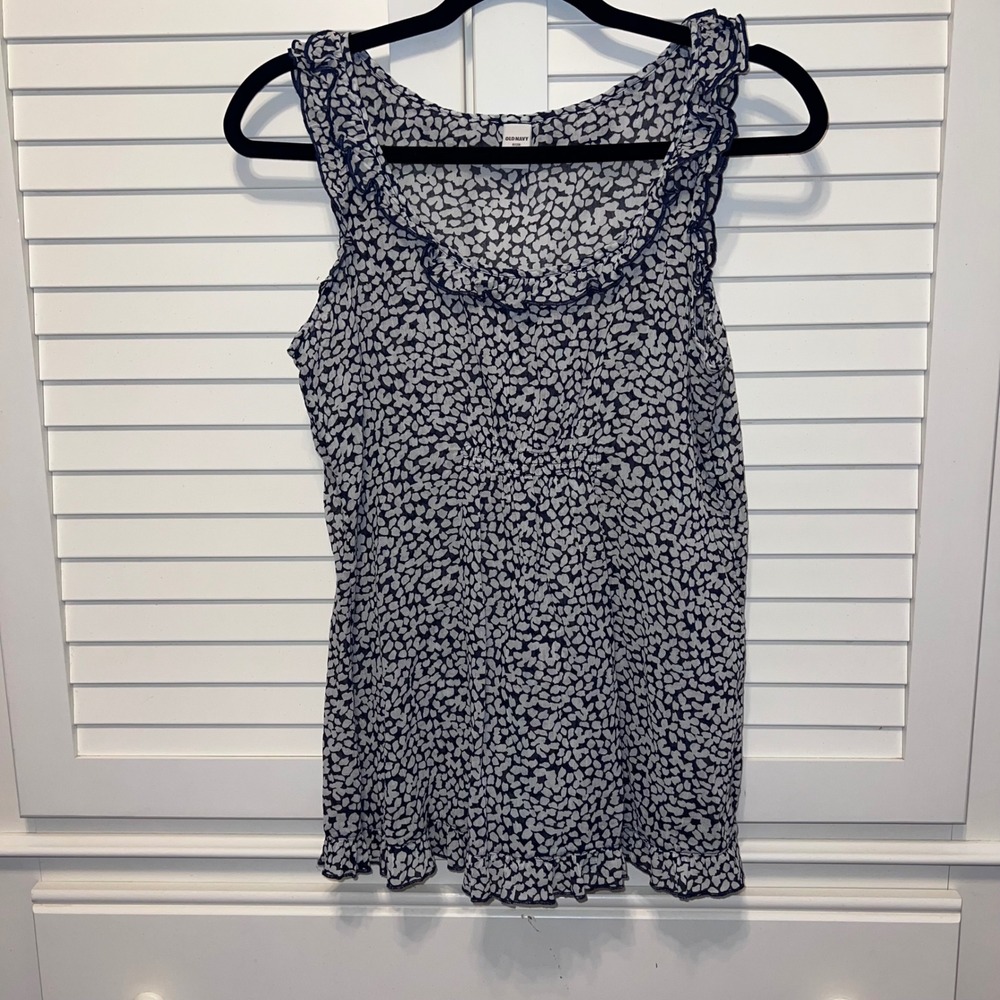 Navy Blue White Pebble Print Ruffle Neck Sleeveless Tank Top XS